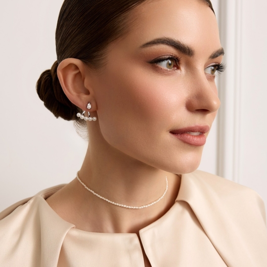 Серьги-джекеты из серебра с жемчугом и фианитами