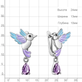 Серьги из серебра с аметистами, эмалью и ювелирными кристаллами