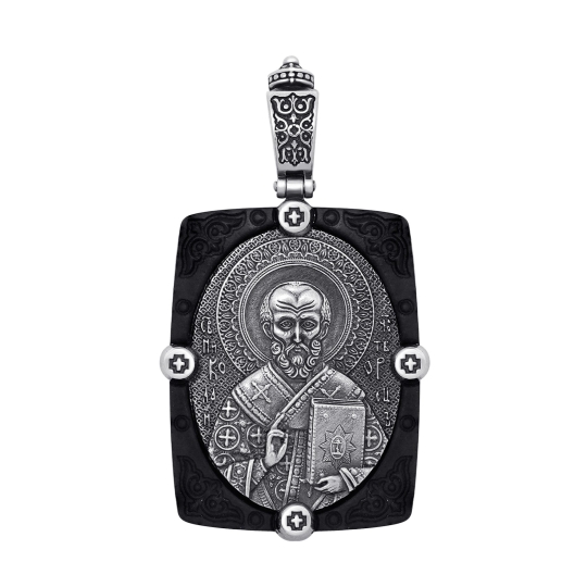 Подвеска из дерева с серебряными вставками и образом "Николай Чудотворец"