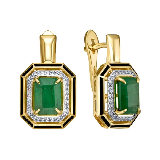 Кольцо из лимонного золота с бриллиантами, изумрудами и эмалью