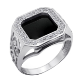Кольцо-печатка из серебра с ониксом и фианитами