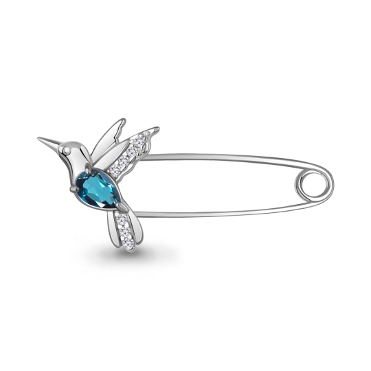 Брошь-булавка из серебра с аметистом и фианитами "Колибри"