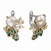 Серьги из серебра с позолотой, жемчугом, эмалью и фианитами