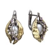 Серьги из серебра с позолотой, жемчугом и фианитами