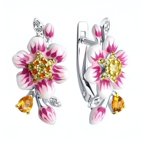Серьги из серебра с аметистами и ювелирными кристаллами