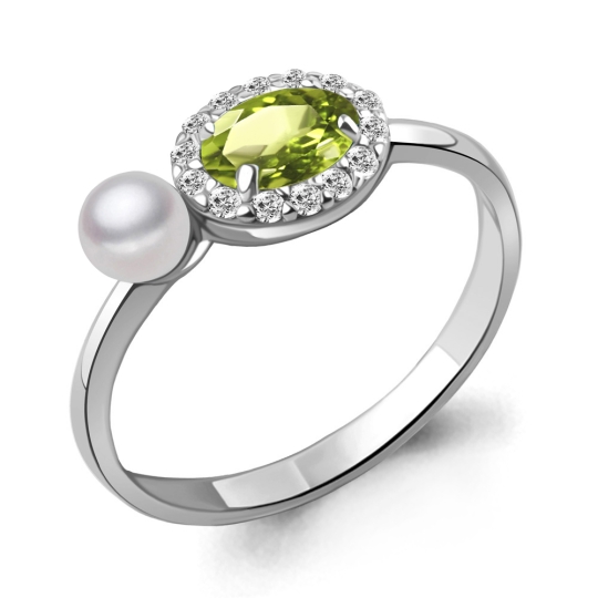 Серьги из серебра с хризолитами, жемчугом и фианитами